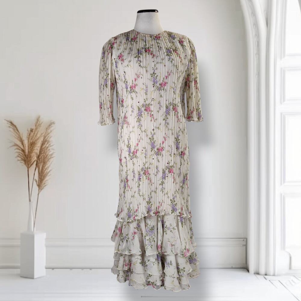 Vintage Judy Hornby Floral Plisse Dress Rhinestone Tiered Hem Romantic Cottage 8